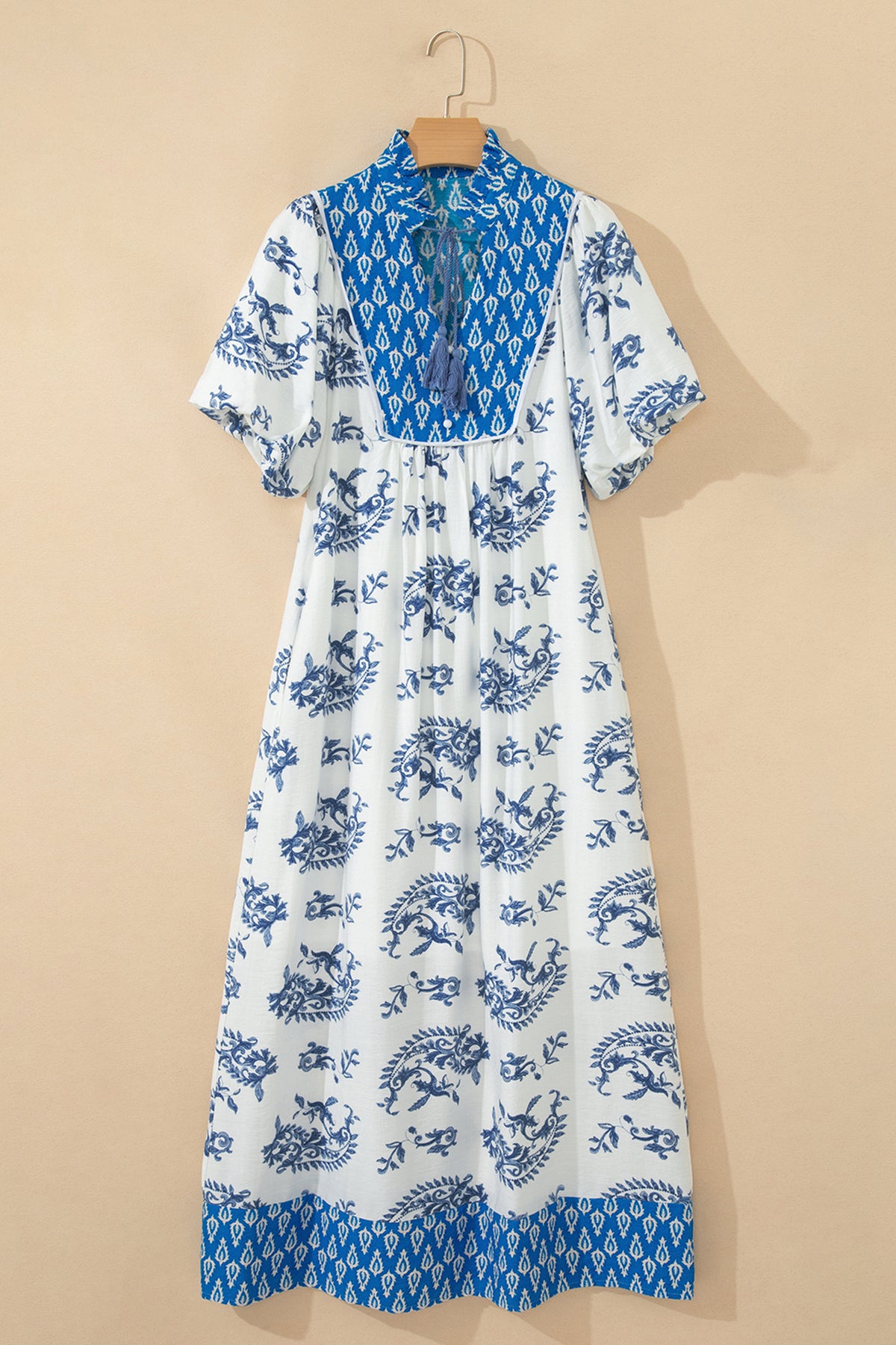 KaleaBoutique Comfortable Boho Abstract Print Contrast Trim V Neck Tassel Tie Dress - KaleaBoutique.com