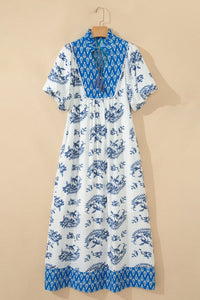 KaleaBoutique Comfortable Boho Abstract Print Contrast Trim V Neck Tassel Tie Dress - KaleaBoutique.com