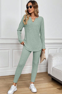KaleaBoutique Comfortable Ribbed Notched Neck Knit Long Sleeve Leggings Two Pieces Lounge Set - KaleaBoutique.com