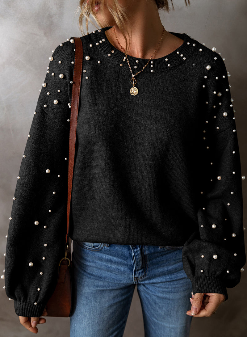 KaleaBoutique Pearled Drop Shoulder Round Neck Sweater - KaleaBoutique.com