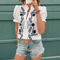 Women's Cotton Embroidered Cardigan Buckle Puff Short Sleeve - KaleaBoutique.com
