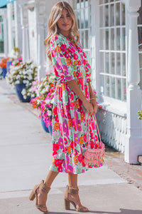 KaleaBoutique Stylish Vibrant Floral Print V Neck Zip Up Puffy Half Sleeve Dress - KaleaBoutique.com