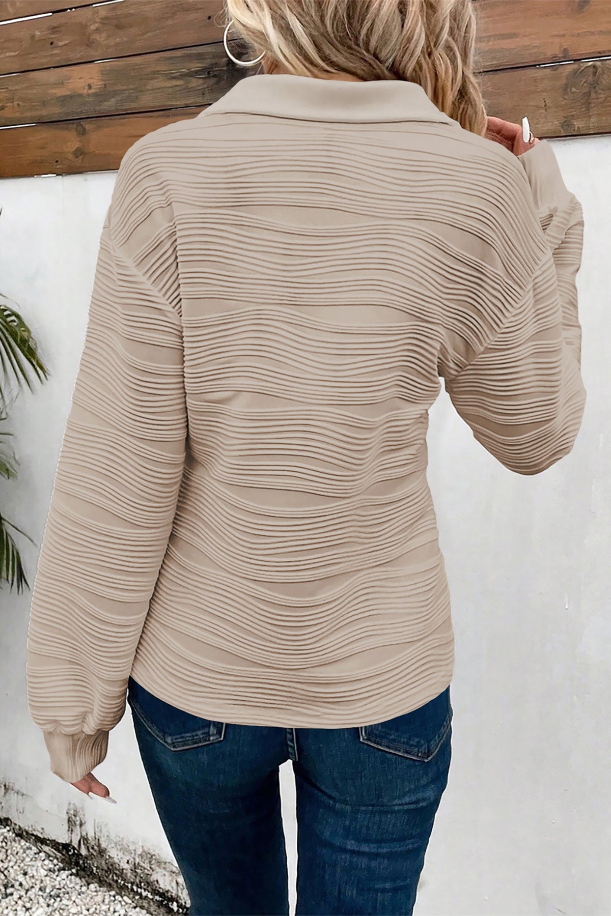 KaleaBoutique Solid Color Textured Zip V Neck Pullover Sweatshirt - KaleaBoutique.com