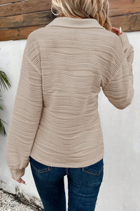 KaleaBoutique Solid Color Textured Zip V Neck Pullover Sweatshirt - KaleaBoutique.com
