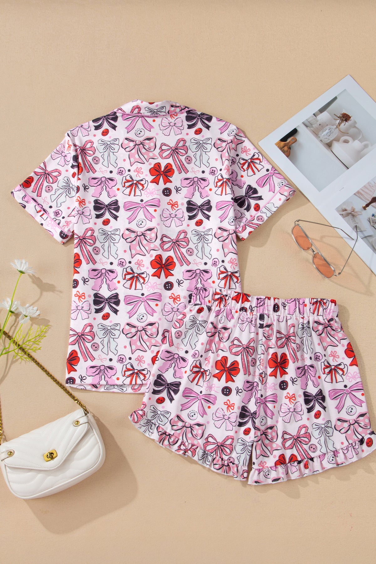 KaleaBoutique Stylish Cute Ribbon Bows Printed 2pcs Short Pajama Set - KaleaBoutique.com