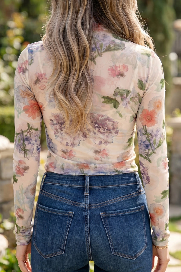 KaleaBoutique Stylish Floral Mesh Thumbhole Long Sleeve Slim Top - KaleaBoutique.com