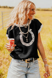 KaleaBoutique Comfortable Horse Shoe Pattern Contrast Trim Short Sleeve Sweater - KaleaBoutique.com