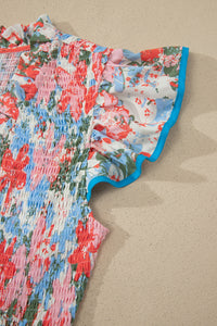 KaleaBoutique Comfortable Floral Print V Neck Contrast Trim Flutter Sleeve Long Dress - KaleaBoutique.com