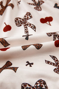 KaleaBoutique Stylish Chic Bow Cherry Printed Leopard Contrast Patchwork Shirt Drawstring Shorts 2pcs PJ Set - KaleaBoutique.com