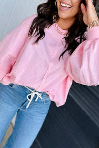 KaleaBoutique Stylish Solid Color Raw Seam Lace Detail Loose Casual Sweatshirt - KaleaBoutique.com