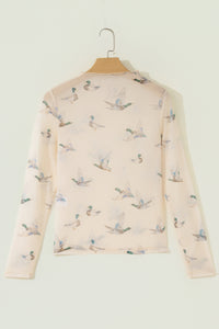 KaleaBoutique Stylish High Neck Western Print Mesh Sheer Long Sleeve Top - KaleaBoutique.com
