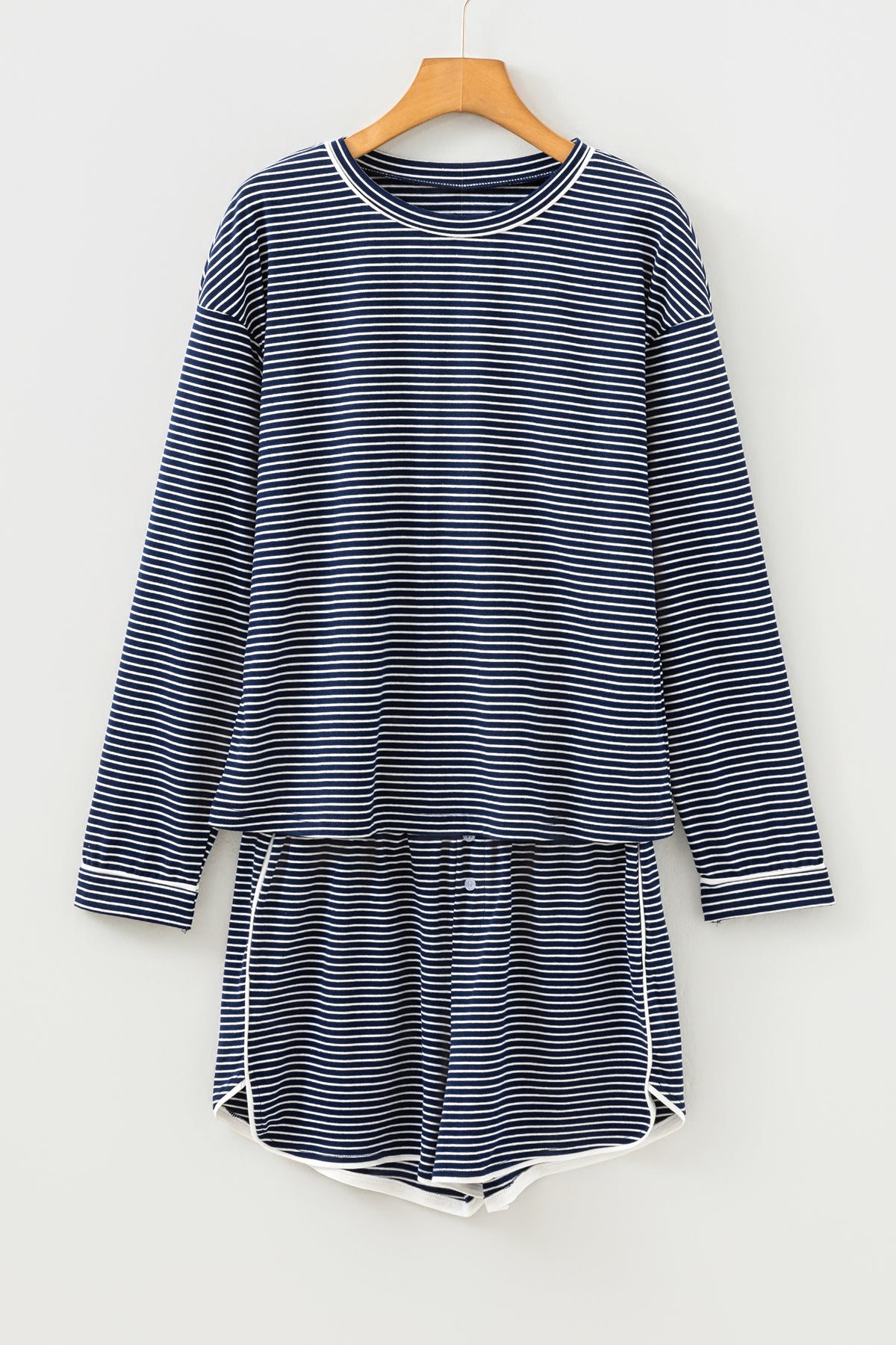 KaleaBoutique Stylish Blue Drop Shoulder Round Neck Long Sleeve Tee and Buttoned Shorts 2pcs Lounge Set - KaleaBoutique.com