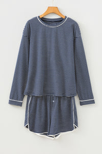 KaleaBoutique Stylish Blue Drop Shoulder Round Neck Long Sleeve Tee and Buttoned Shorts 2pcs Lounge Set - KaleaBoutique.com