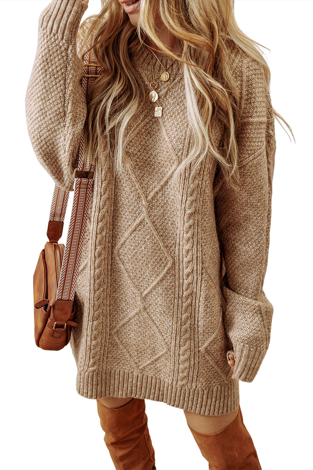KaleaBoutique Stylish Cable Knit Drop Shoulder Loose Fit Sweater Dress - KaleaBoutique.com