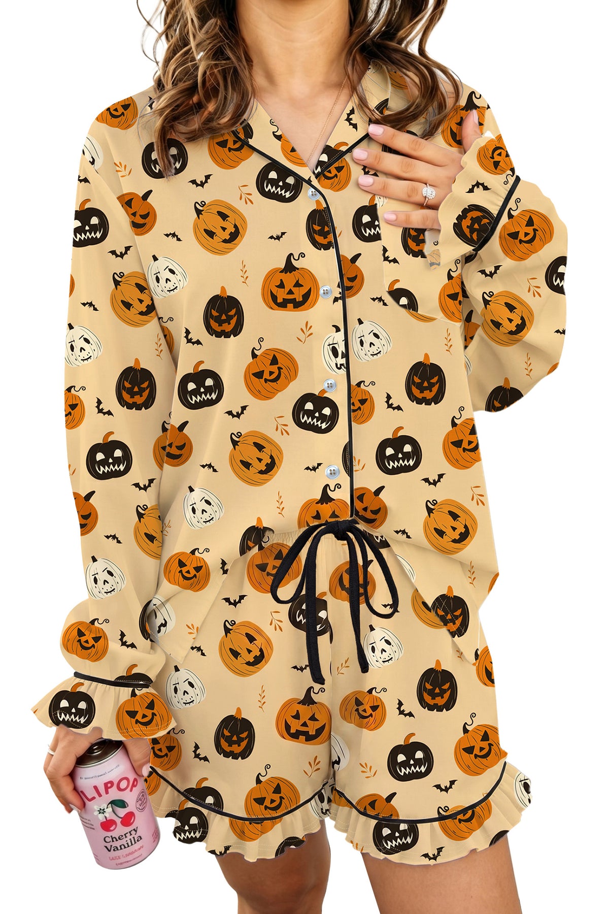 KaleaBoutique Stylish Long Sleeve Ruffle Pumpkin Face Print Two Piece Lounge Set - KaleaBoutique.com