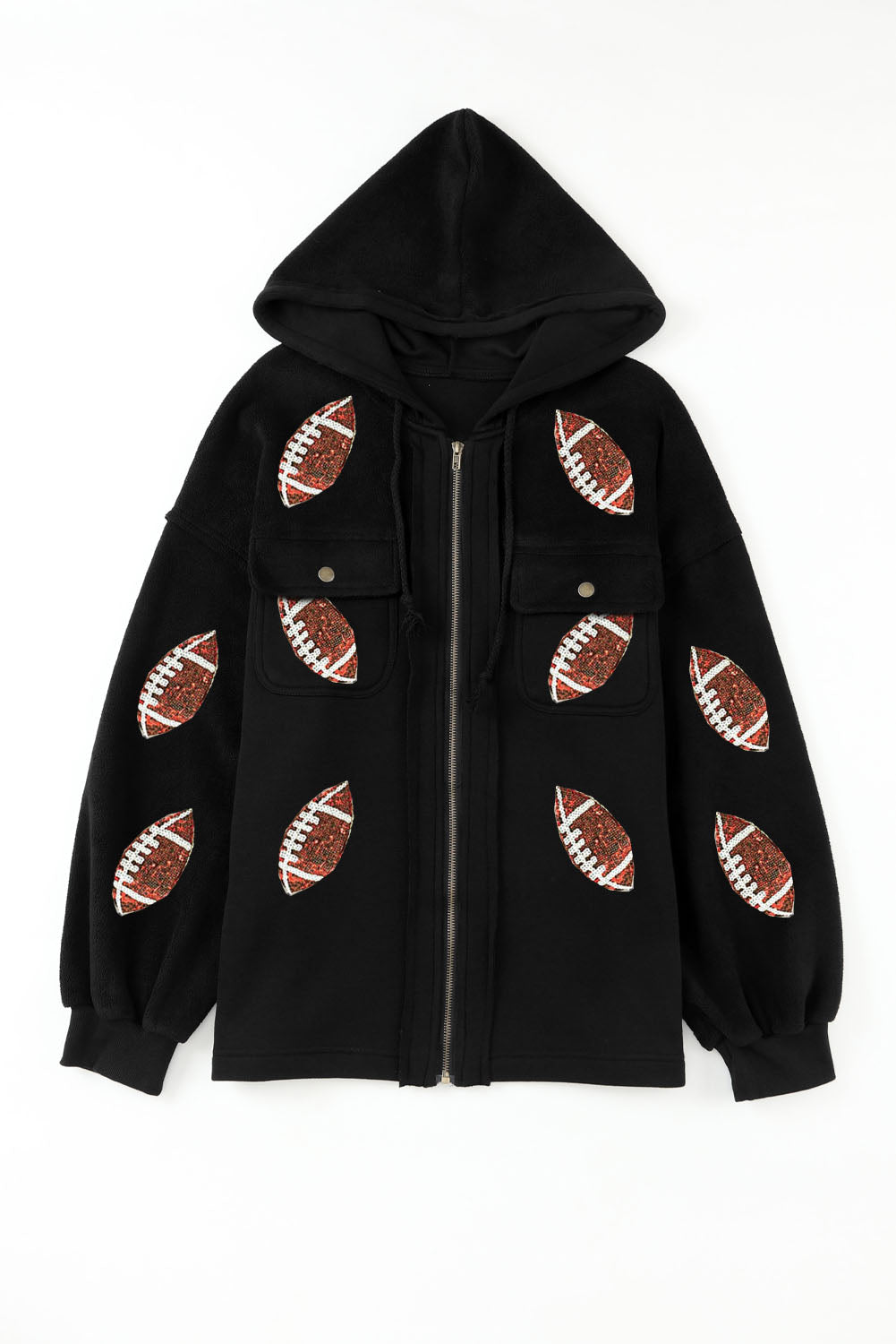 KaleaBoutique Sequined Rugby Football Pattern Pocketed Zipper Hooded Jacket - KaleaBoutique.com