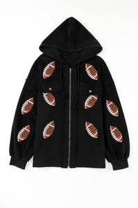 KaleaBoutique Sequined Rugby Football Pattern Pocketed Zipper Hooded Jacket - KaleaBoutique.com