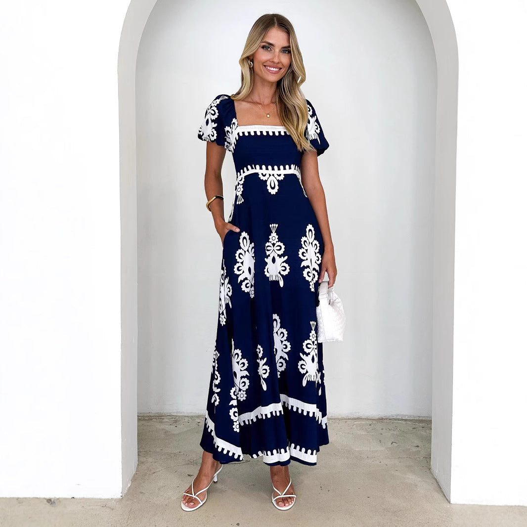 Women's Navy Printed Square-Neck Puff-Sleeve Maxi Dress - KaleaBoutique.com