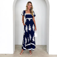 Women's Navy Printed Square-Neck Puff-Sleeve Maxi Dress - KaleaBoutique.com