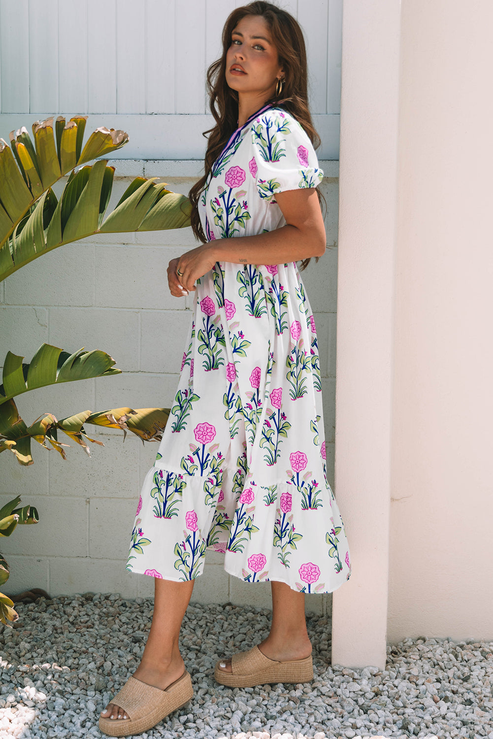 Floral Puff Short Sleeve V Neck High Waist Maxi Dress - KaleaBoutique.com