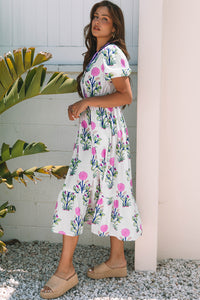 Floral Puff Short Sleeve V Neck High Waist Maxi Dress - KaleaBoutique.com