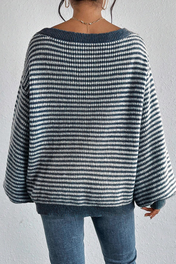 KaleaBoutique Striped Lantern Sleeve Drop Shoulder Cozy Sweater - KaleaBoutique.com