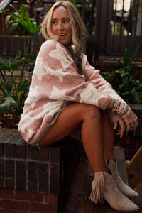 KaleaBoutique Stylish Warm Sherpa Star Pattern Textured Sweater Cardigan with Pockets - KaleaBoutique.com