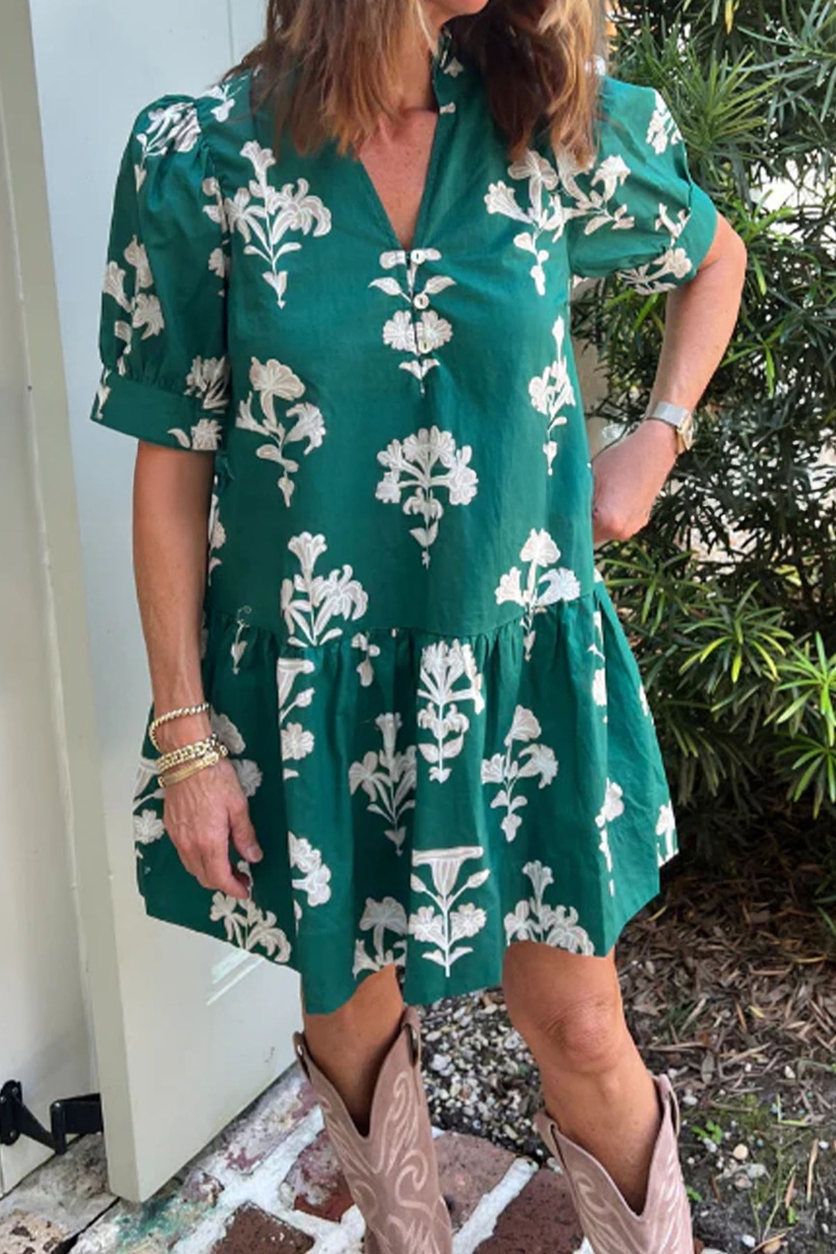 KaleaBoutique Comfortable Frilled V Neck Puff Short Sleeve Floral Mini Dress - KaleaBoutique.com