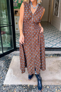 KaleaBoutique Stylish Polka Dot Print Contrast Trim V Neck Zip Up Sleeveless Dress - KaleaBoutique.com