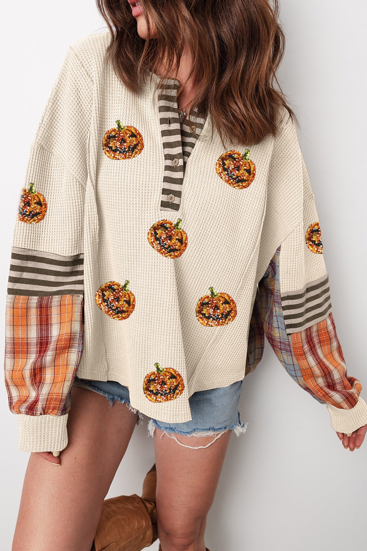 Beige Sequin Pumpkin Henley Waffle Top - KaleaBoutique.com