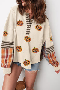 Beige Sequin Pumpkin Henley Waffle Top - KaleaBoutique.com