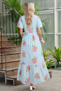 KaleaBoutique Comfortable Notched Neck Flutter Short Sleeve Floral Print Maxi Dress - KaleaBoutique.com
