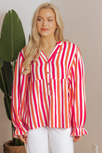 KaleaBoutique Stylish Balloon Sleeve Notched V Neck Buttoned Front Blouse - KaleaBoutique.com
