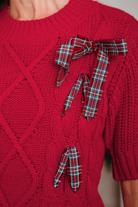 KaleaBoutique Comfortable Plaid Lace up Detail Christmas Holiday Puff Short Sleeve Sweater - KaleaBoutique.com