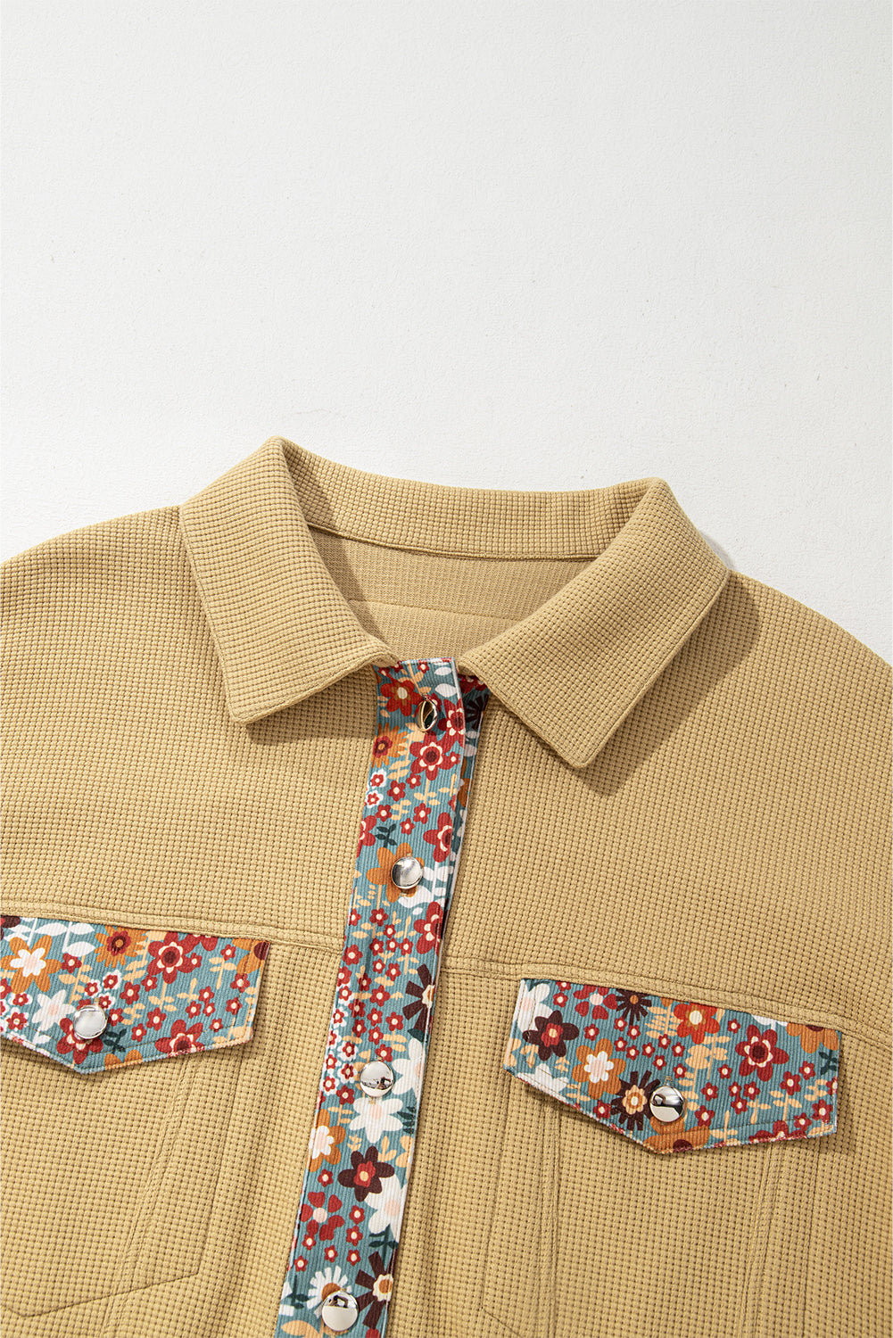 KaleaBoutique Waffle Knit Floral Print Patchwork Button up Jacket - KaleaBoutique.com