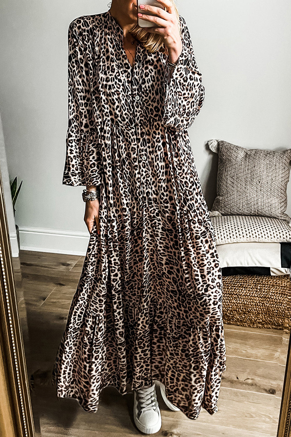 leopard print maxi dress long sleeve Wild Nights Maxi Dress Cream/Taupe / L