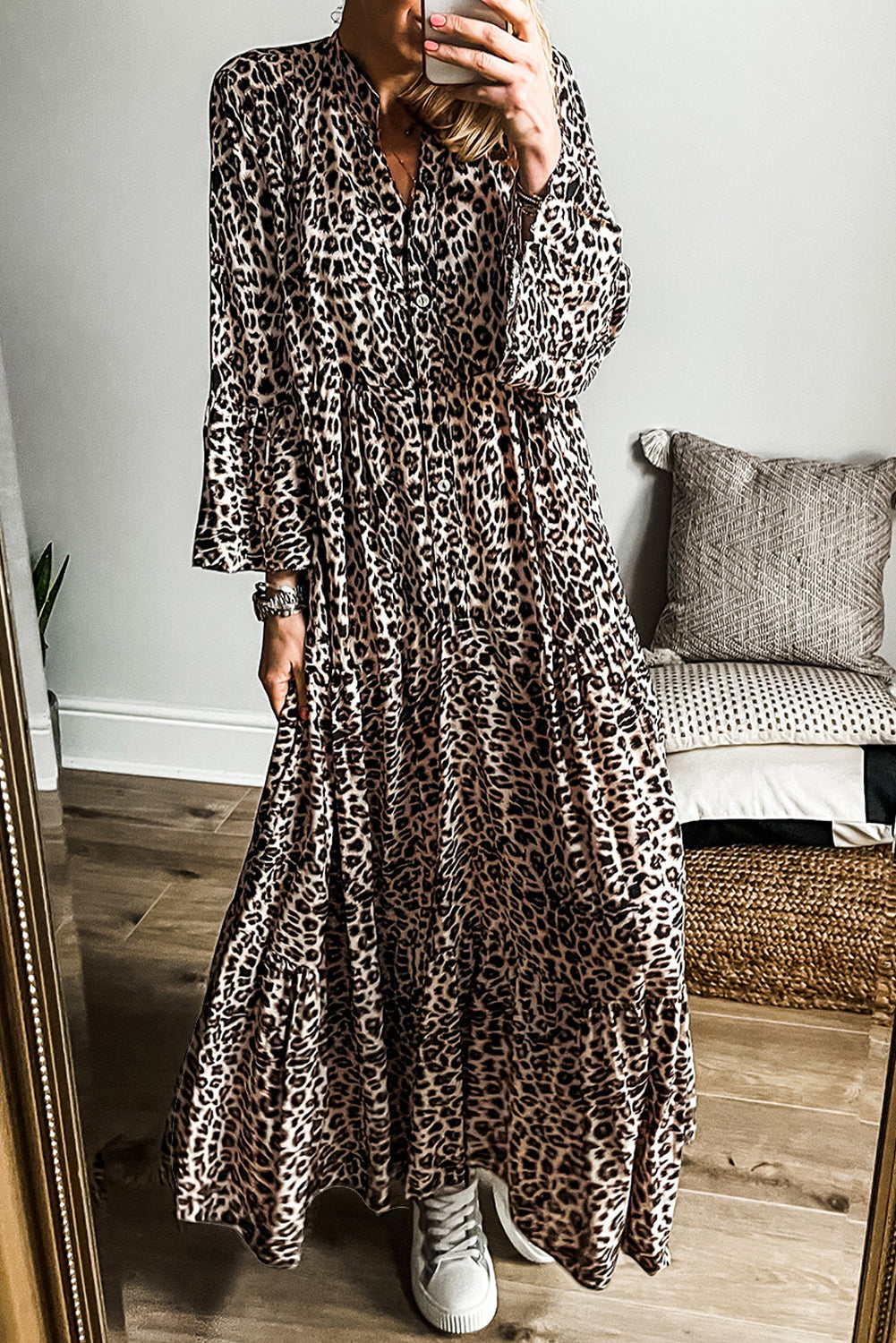 Apricot Leopard Print Tiered Wide Sleeve Maxi Dress Apricot / M / 100%Polyester