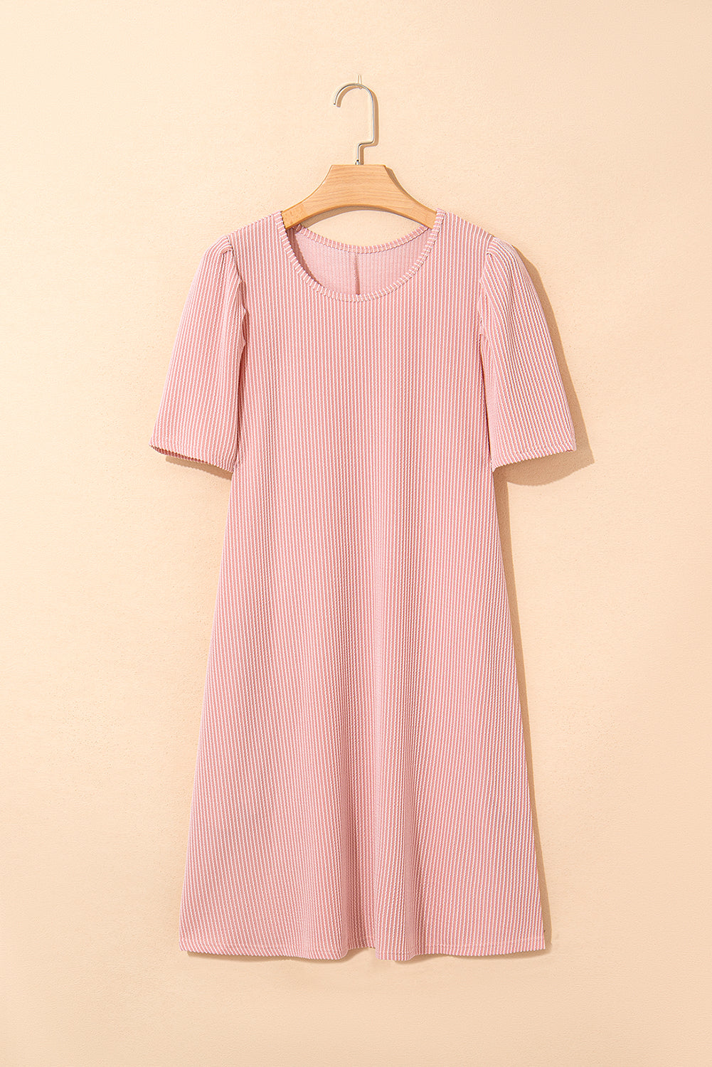Corded Knit Crew Neck Puff Sleeve Shift Mini Dress - KaleaBoutique.com