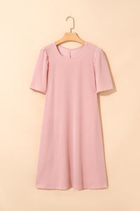 Corded Knit Crew Neck Puff Sleeve Shift Mini Dress - KaleaBoutique.com