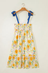 KaleaBoutique Comfortable Floral Print Contrast Stitched Knot Denim Straps High Waist Dress - KaleaBoutique.com