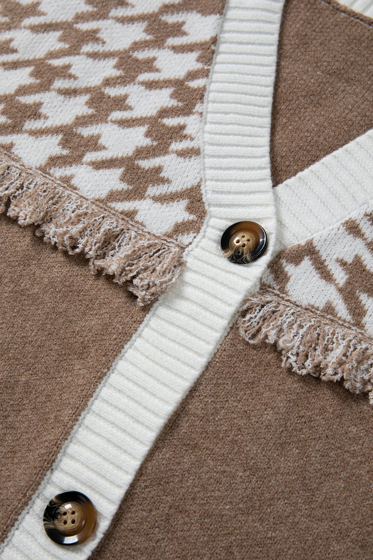 KaleaBoutique Classic Houndstooth Color Block V Neck Raw Edge Button Front Cardigan - KaleaBoutique.com