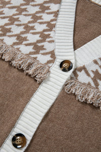 KaleaBoutique Classic Houndstooth Color Block V Neck Raw Edge Button Front Cardigan - KaleaBoutique.com