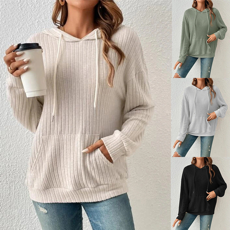 Women's Ribbed Drawstring Pullover Hoodie with Kangaroo Pocket - KaleaBoutique.com