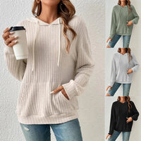 Women's Ribbed Drawstring Pullover Hoodie with Kangaroo Pocket - KaleaBoutique.com