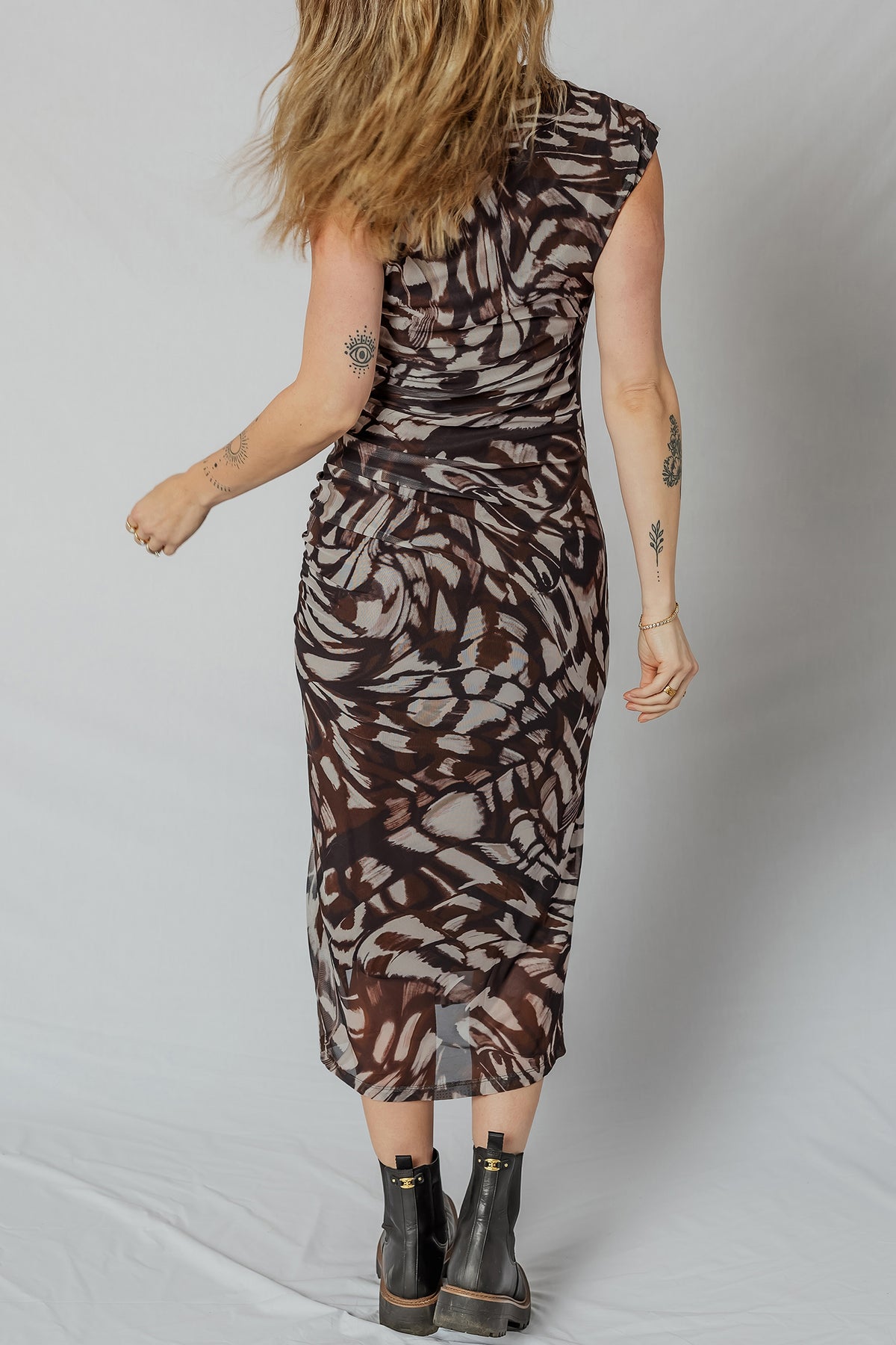 KaleaBoutique Abstract Print Mesh Cowl Neck Cap Sleeve Ruched Midi Dress with Slit - KaleaBoutique.com