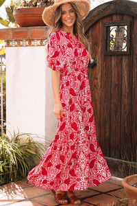 KaleaBoutique Stylish Paisley Print Side Slit Puff Sleeve High Waist Maxi Dress - KaleaBoutique.com