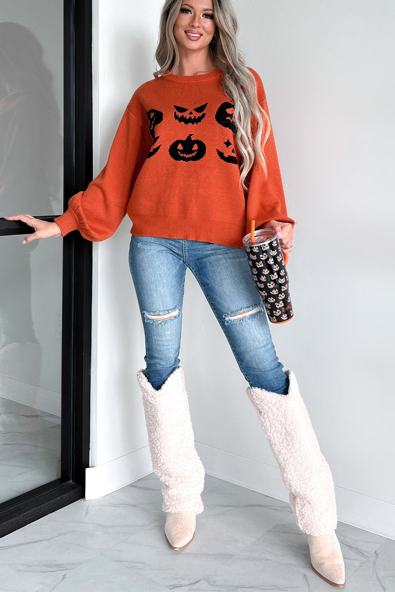KaleaBoutique Halloween Pumpkin Face Pattern Drop Shoulder Sweater - KaleaBoutique.com