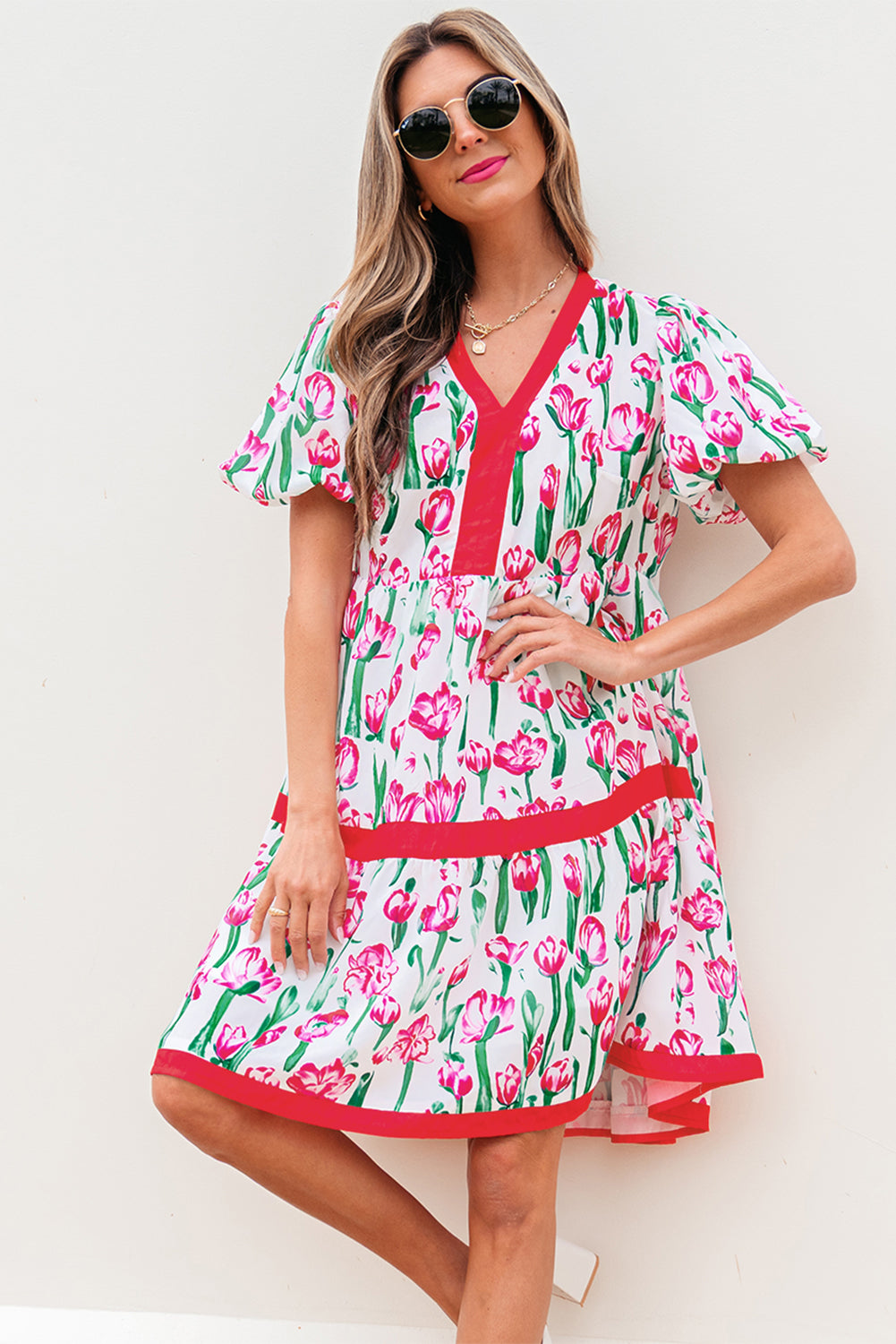 Floral Print Contrast Trim V Neck Bubble Short Sleeve Babydoll Dress - KaleaBoutique.com