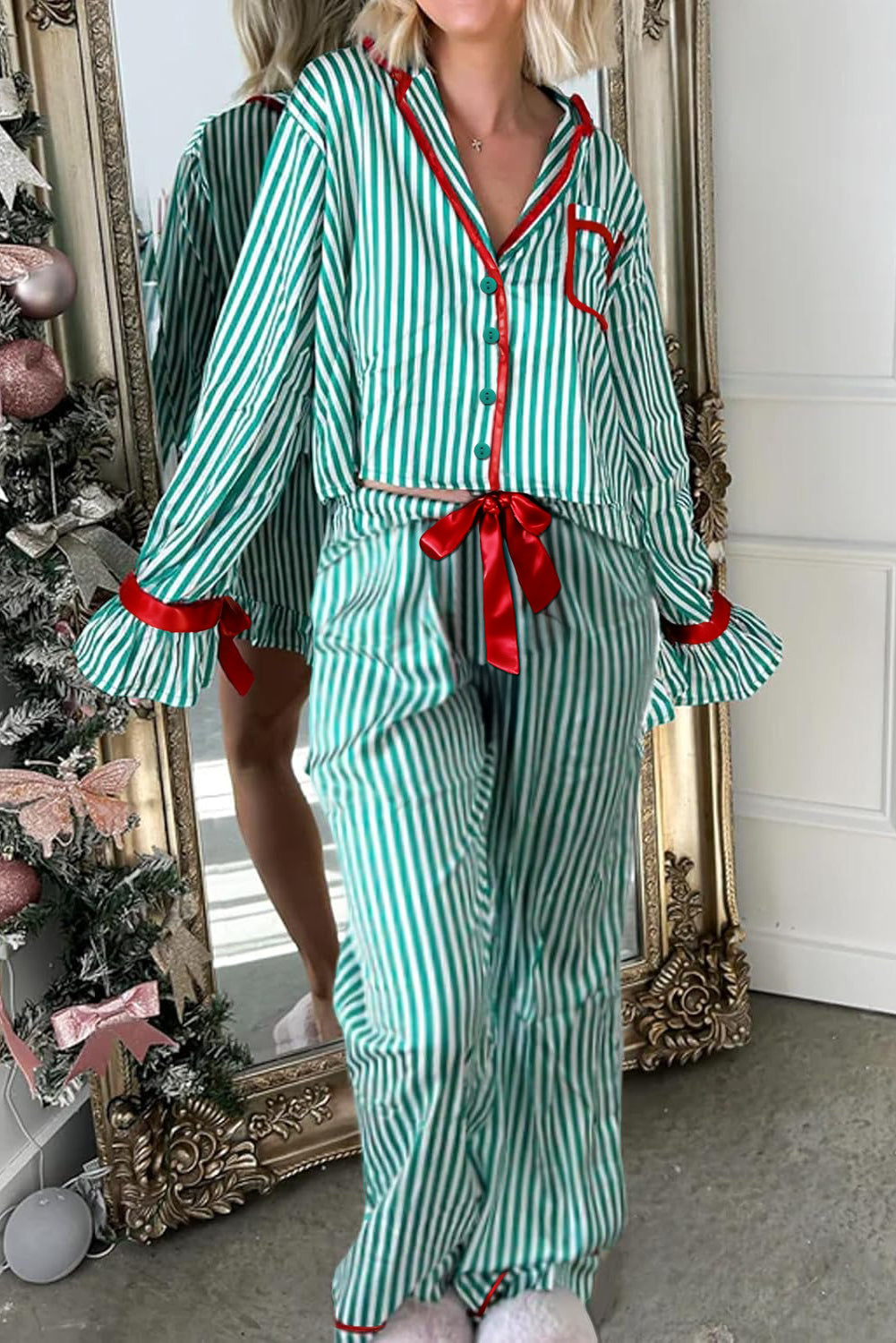 KaleaBoutique Comfortable Contrast Velvet Trim Bow Knot Waist 2pcs Pajama Set - KaleaBoutique.com