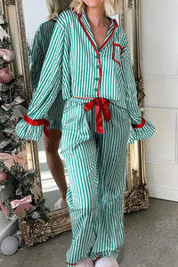 KaleaBoutique Comfortable Contrast Velvet Trim Bow Knot Waist 2pcs Pajama Set - KaleaBoutique.com